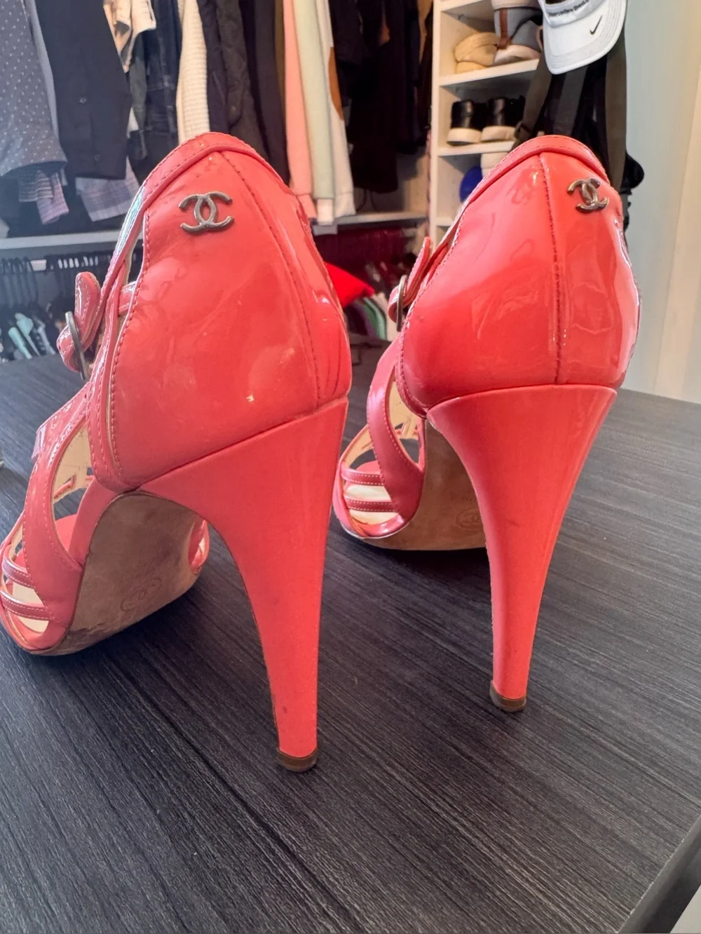 Chanel Women's Coral/Pink Patten Leather Strappy High-Heel Sandals